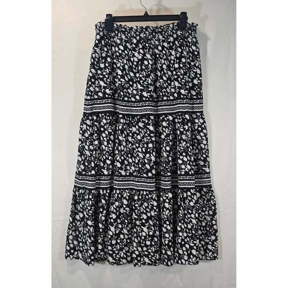 MAX STUDIO Black White Floral Tiered Maxi Skirt Elastic Waist L - Picture 5 of 7